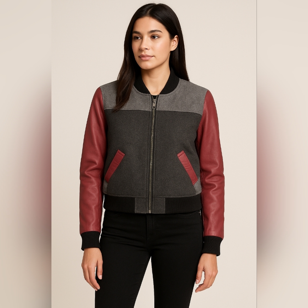 Lord & Taylor Charcoal and Burgundy Varsity Jacket Wool/Leather